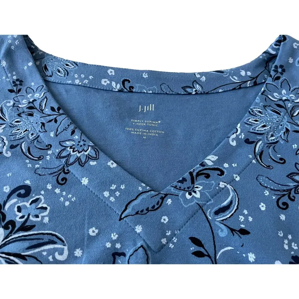 J. HILL SUPIMA V-NECK TUNIC, WOMENS, M, BLUE W/PAISLEY WHITE & BLACK FLOWERS - Picture 2 of 10